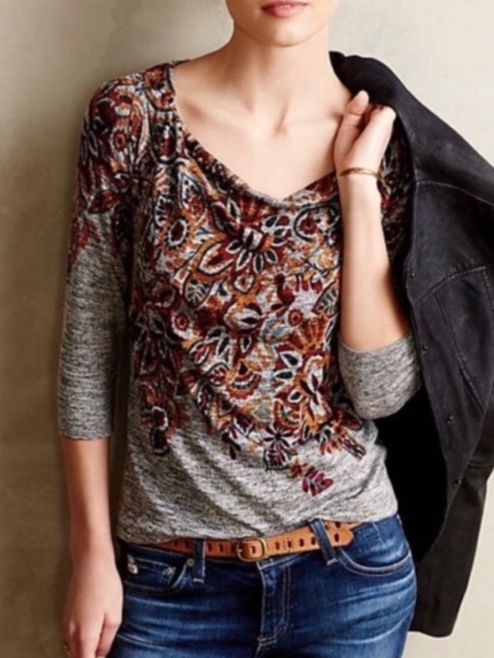 Anthropologie Grey Paisley Floral Cowl Neck Pullover Top Medium